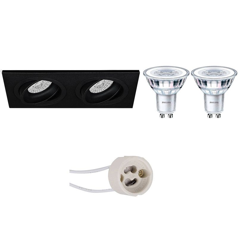 Foto van Led spot set - pragmi borny pro - gu10 fitting - inbouw rechthoek dubbel - mat zwart - kantelbaar - 175x92mm - philips -