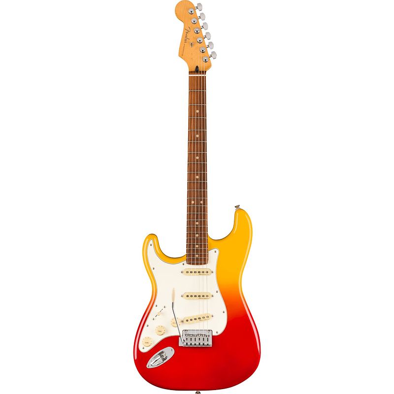 Foto van Fender player plus stratocaster lh tequila sunrise pf linkshandige elektrische gitaar met deluxe gigbag