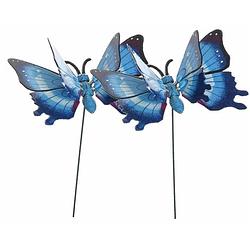 Foto van Set van 2x stuks metalen vlinder blauw 11 x 70 cm op steker - tuinbeelden
