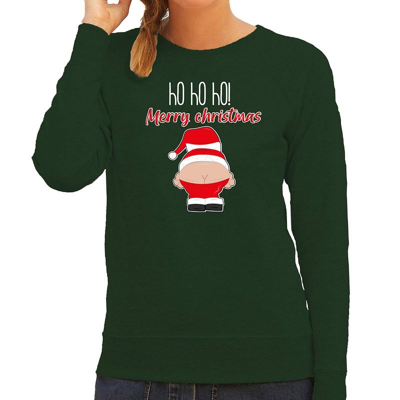 Foto van Bellatio decorations foute kersttrui/sweater dames - kerstman - groen - merry christmas 2xl - kerst truien