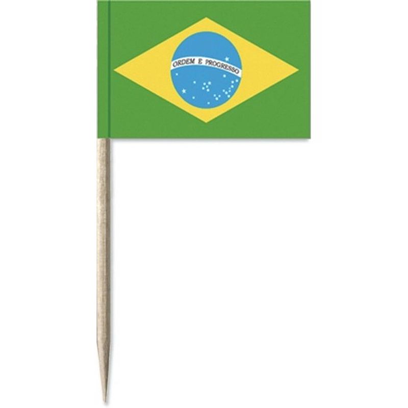 Foto van 100x cocktailprikkers brazilie 8 cm vlaggetjes - landen thema feestartikelen/versieringen