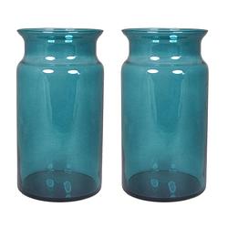 Foto van Set van 2x bloemenvazen - turquoise blauw/transparant glas - h29 x d16 cm - vazen