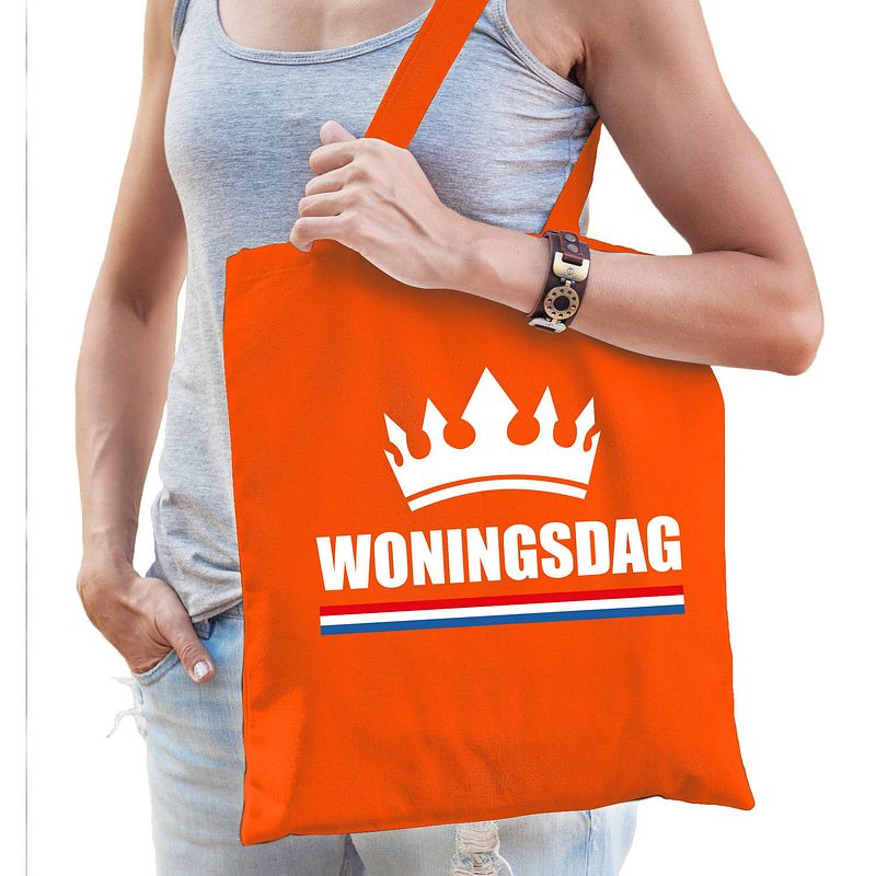 Foto van Katoenen tas / shopper oranje woningsdag dames - feest boodschappentassen