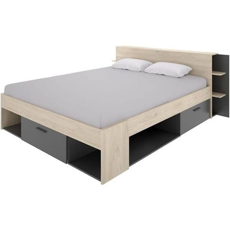 Foto van Sax volwassen bed - 140x190 cm - 3 laden + hoofdeinde met opberger - eiken en antraciet decor