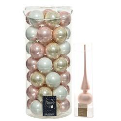 Foto van 49x stuks glazen kerstballen lichtroze/parel/wit 6 cm inclusief lichtroze piek - kerstbal