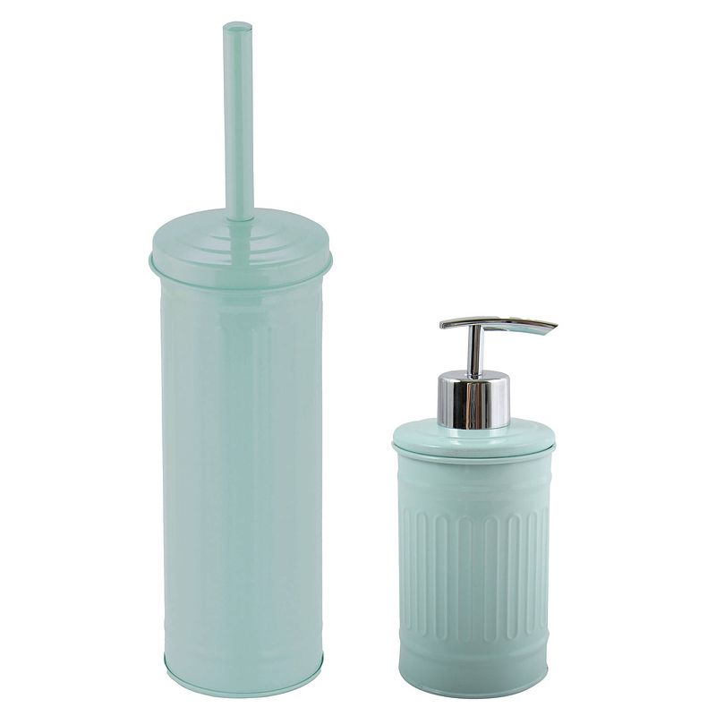 Foto van Msv toiletborstel in houder 38 cm/zeeppompje set industrial - metaal - mintgroen - badkameraccessoireset