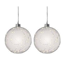 Foto van 2x stuks verlichte glazen kerstballen met 30 lampjes zilver/warm wit 15 cm - kerstverlichting figuur