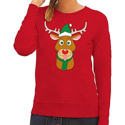 Foto van Foute kersttrui / sweater met rudolf het rendier met groene kerstmuts rood voor dames - kersttruien xs (34)