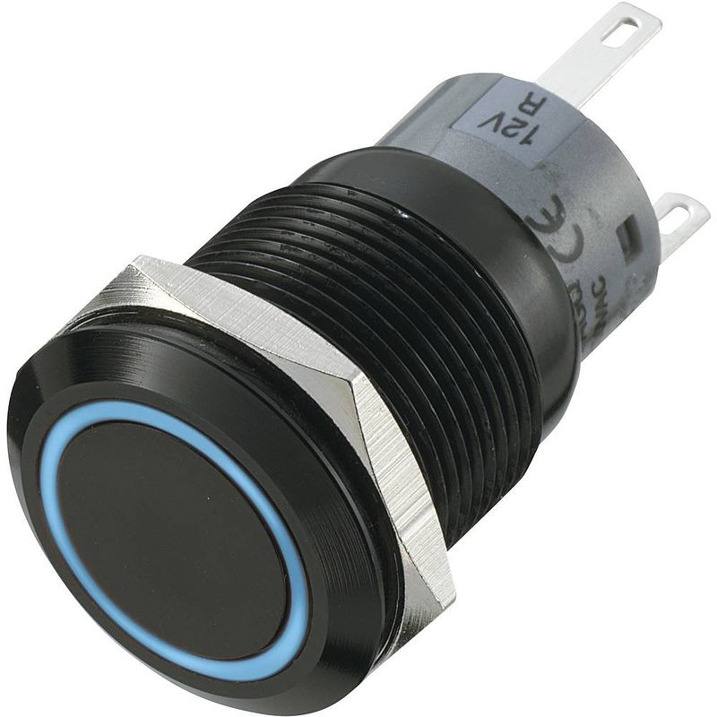 Foto van Tru components 702182 las1-agq-11e/b vandalismebestendige druktoets 250 v/ac 5 a 1x uit/(aan) moment blauw (ø x l) 22 mm x 37 mm ip67 1 stuk(s)