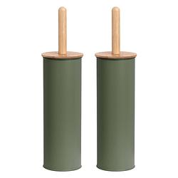 Foto van 2x stuks wc/toiletborstel in houder metaal/bamboe hout - salie groen - 38 x 10 cm - toiletborstels
