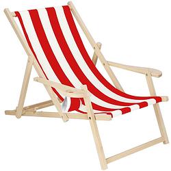 Foto van Ligbed strandstoel ligstoel verstelbaar armleuningen beukenhout handgemaakt rood/wit