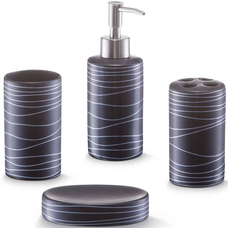 Foto van Zwarte badkamer/toilet accessoires set 4-delig met strepen van keramiek - badkameraccessoireset