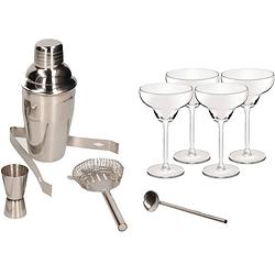 Foto van Cocktailshaker set rvs 5-delig inclusief 4x cocktail/margarita glazen 300 ml - cocktailshakers