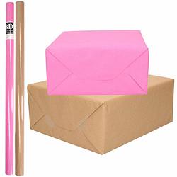Foto van 4x rollen kraft inpakpapier/kaftpapier pakket bruin/roze 200 x 70 cm - cadeaupapier