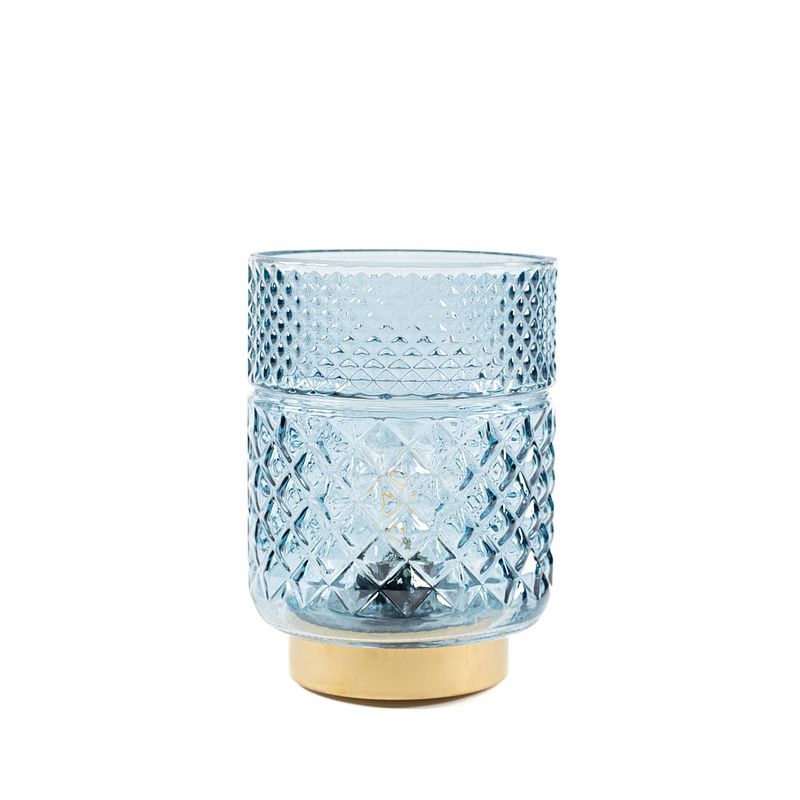 Foto van Anna'ss collection - lantern glass 12x17,5cm blue with golden base led bulb