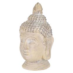 Foto van Boeddha hoofd beeld beige/grijs, 45x39x78 cm, gemaakt van gegoten steen