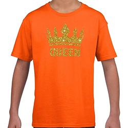 Foto van Oranje queen gouden glitter kroon - t-shirt kinderen - oranje koningsdag kleding xs (110-116)