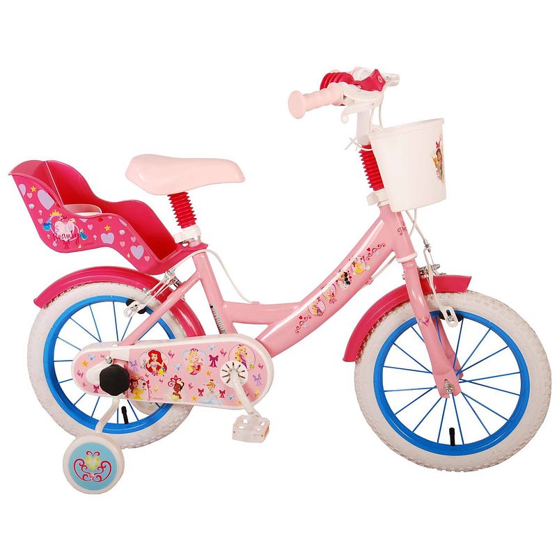 Foto van Disney princess kinderfiets - meisjes - 14 inch - roze - twee handremmen - met mandje voor en poppenzitje achter