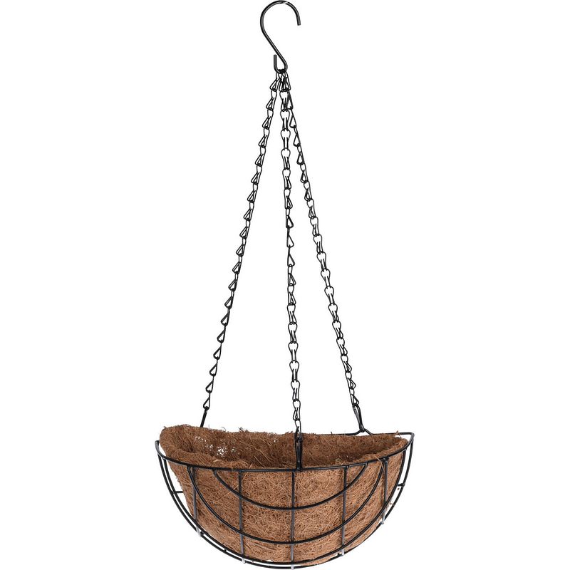 Foto van Metalen hanging basket / plantenbak halfrond zwart met ketting 31 cm - hangende bloemen - plantenbakken