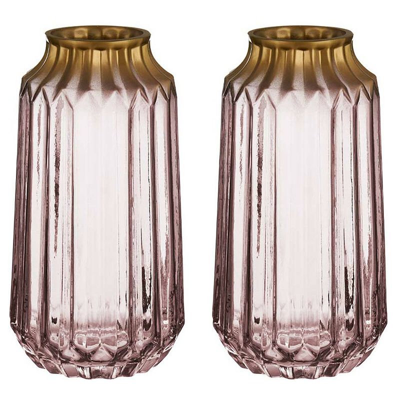 Foto van Bloemenvazen 2x stuks - luxe deco glas - roze transparant/goud - 13 x 23 cm - vazen