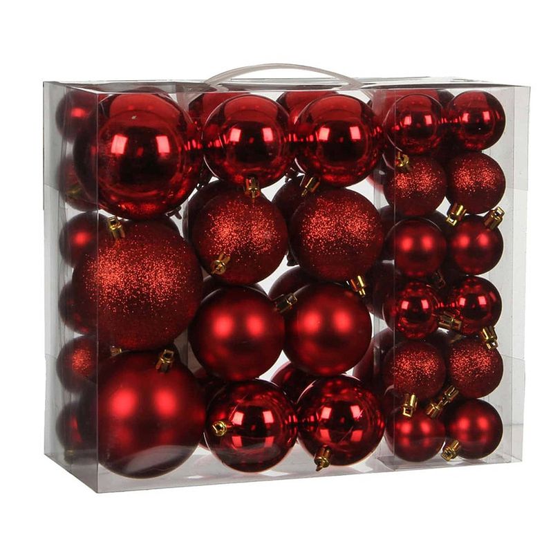 Foto van 92x stuks kunststof kerstballen rood 4, 6 en 8 cm - kerstbal