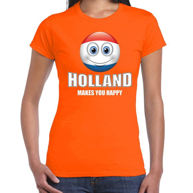 Foto van Holland makes you happy landen / vakantie shirt oranje voor dames met emoticon s - feestshirts