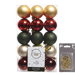 Foto van Kerstversiering mix pakket kunststof kerstballen 6 cm goud/groen/rood 30x stuks met haakjes - kerstbal