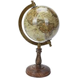 Foto van Decoratie wereldbol/globe beige op mangohouten voet 13 x 28 cm - wereldbollen