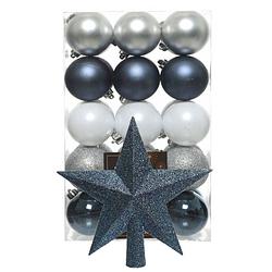 Foto van Kerstballen 30x - 6 cm - met ster piek - blauw/wit/zilver -kunststof - kerstbal