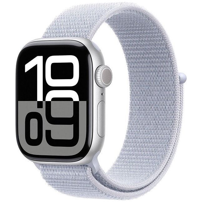 Foto van Apple watch series 10 gps 46mm aluminium case met blue cloud sport loop smartwatch zilver