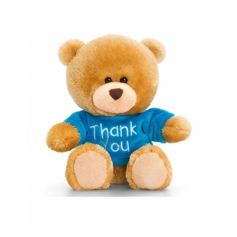 Foto van Keel toys pluche beer knuffel thank you met blauw shirt 14 cm - knuffelberen