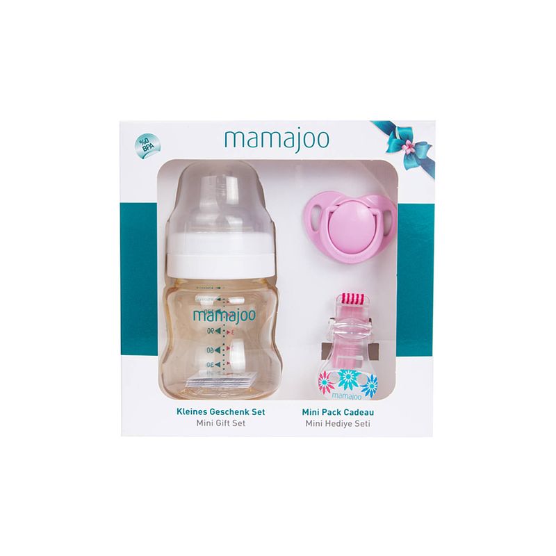 Foto van Mamajoo babyfles 150 ml - mini gift set - speen - koord - roze