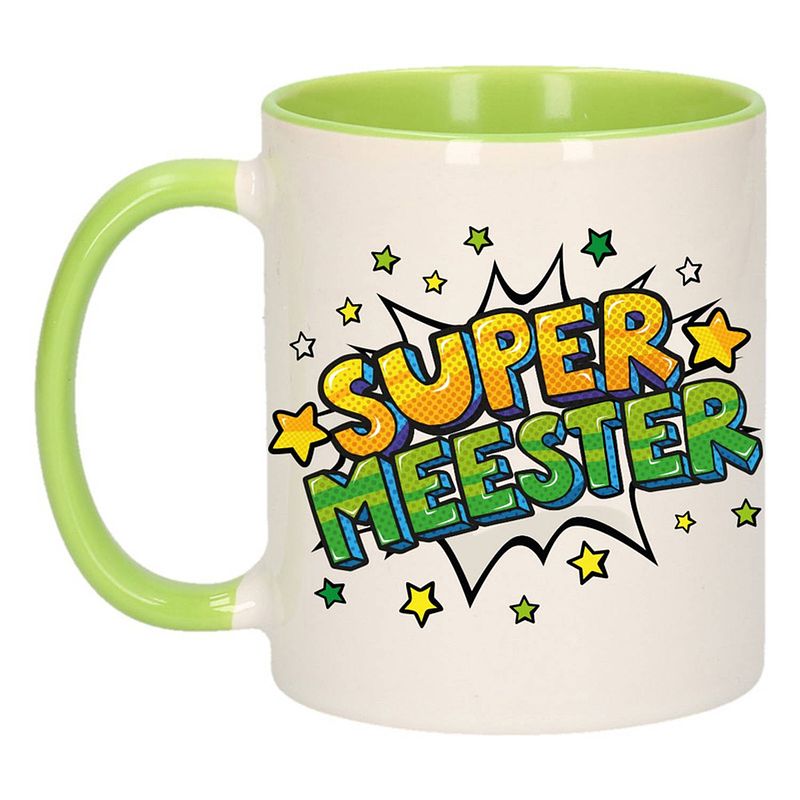 Foto van Super meester cadeau mok / beker wit en groen sterren 300 ml - feest mokken