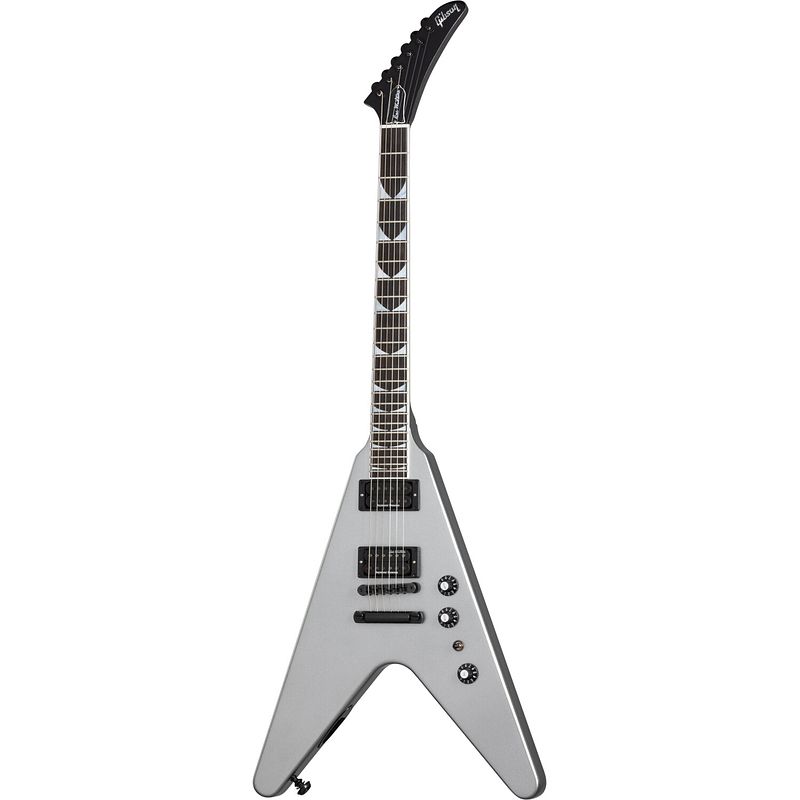 Foto van Gibson dave mustaine flying v exp metallic silver signature elektrische gitaar met koffer