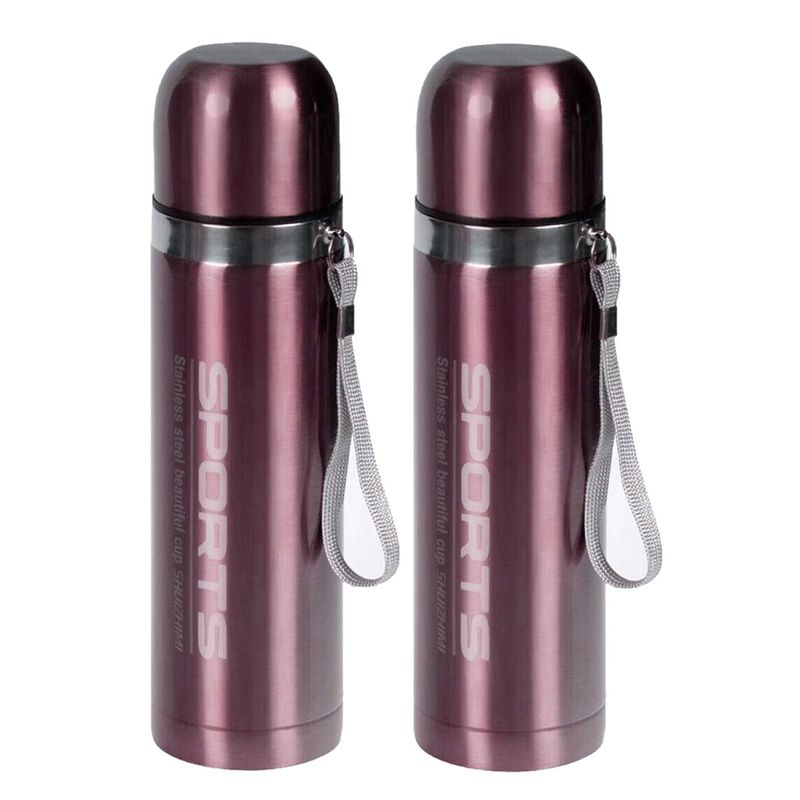 Foto van 2x stuks metallic thermosflessen / isoleerflessen rvs voor onderweg lichtroze 500 ml - thermosflessen