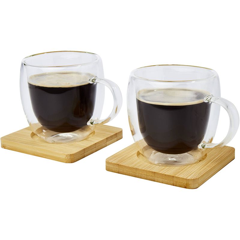 Foto van Dubbelwandige koffieglazen/theeglazen 250 ml - set van 4x stuks - met bamboe onderzetters - koffie- en theeglazen