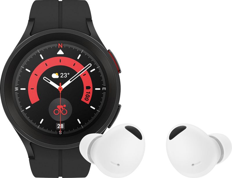 Foto van Samsung galaxy watch5 pro zwart 45mm + samsung buds2 pro wit