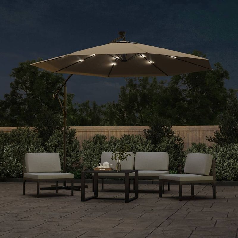 Foto van The living store parasol tuin - 300 x 254 cm - taupe - led verlichting