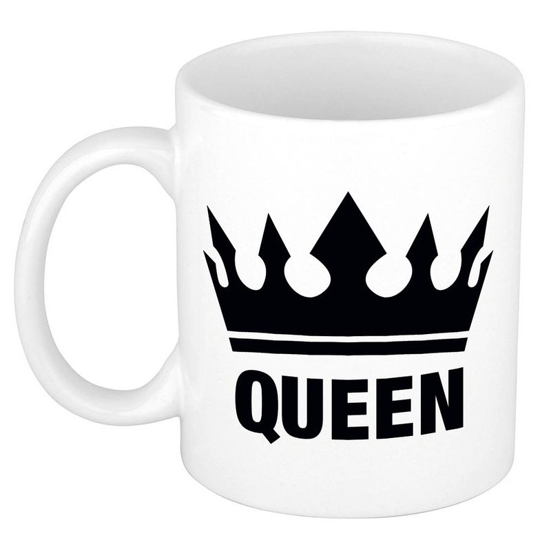 Foto van Cadeau queen mok/ beker wit met zwarte bedrukking 300 ml - feest mokken