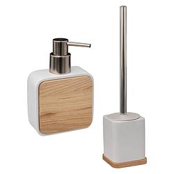 Foto van Badkamer/toilet accessoires set - wc-borstel in houder en zeeppompje - wit - bamboe - 200 ml - badkameraccessoireset