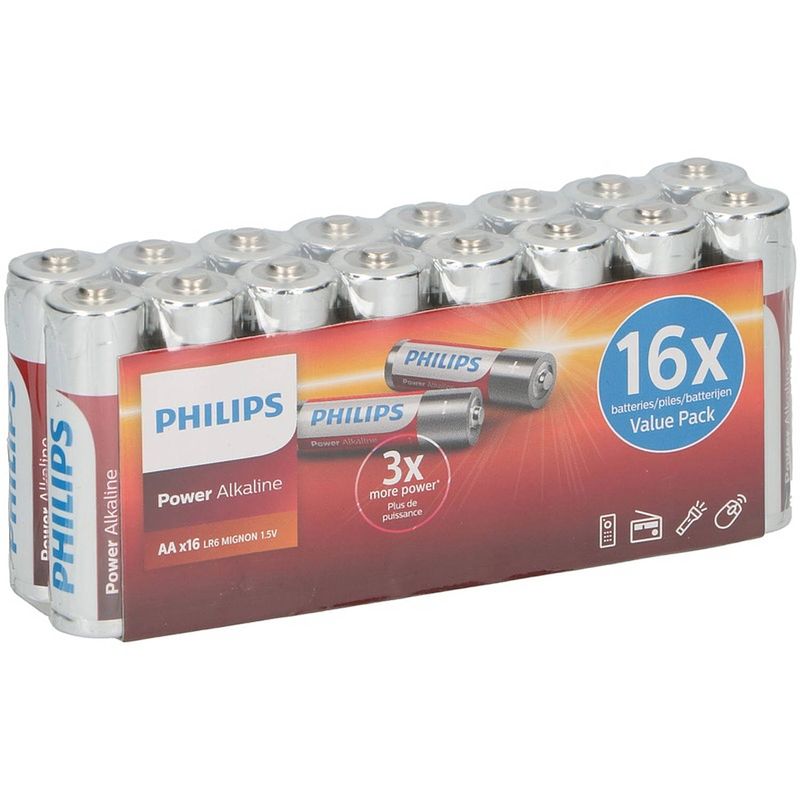 Foto van 16x philips power alkaline aa batterijen - penlites aa batterijen