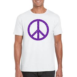 Foto van Toppers wit flower power t-shirt paarse glitter peace teken heren xl - feestshirts