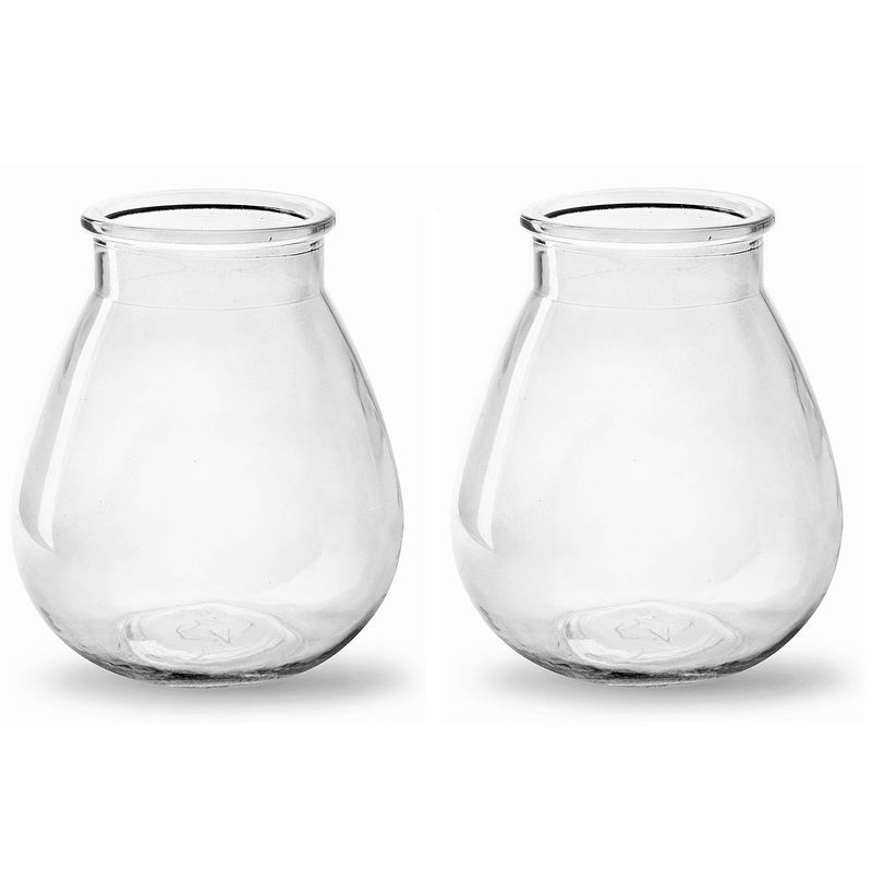 Foto van 2x stuks bloemenvazen druppel vorm type - helder/transparant glas - h17 x d14 cm - vazen