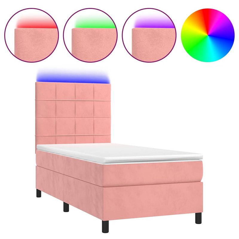 Foto van The living store boxspring - roze fluweel bed 193x90x118/128 cm - verstelbaar hoofdbord - led - pocketvering matras -