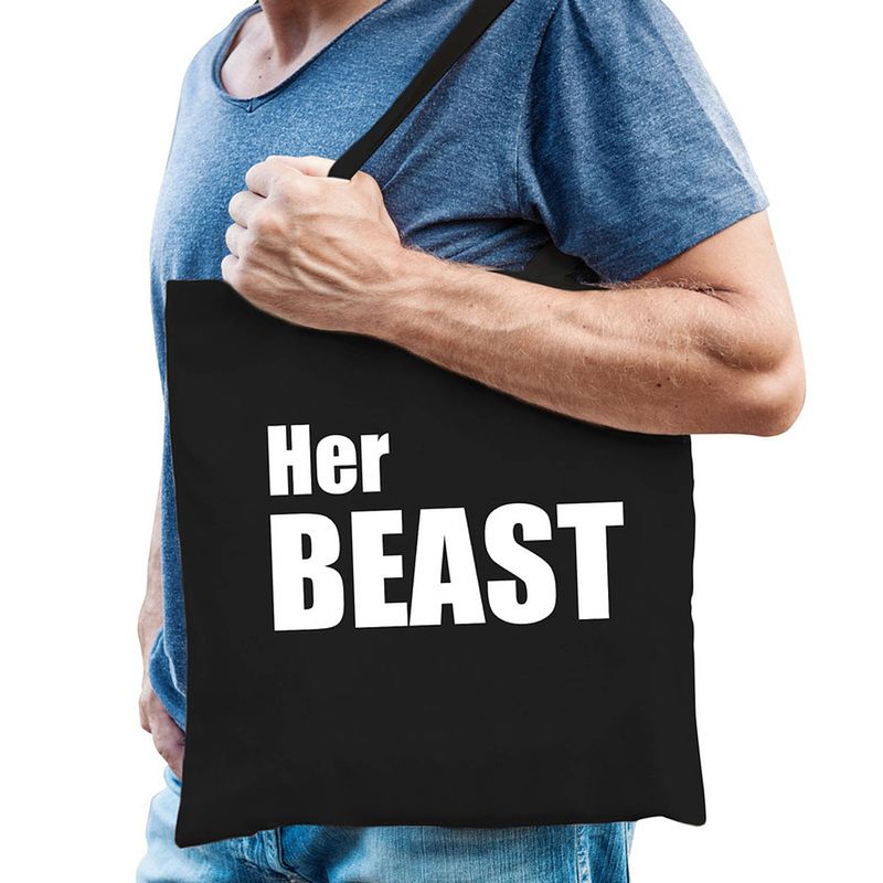 Foto van Her beast tas / shopper zwart katoen met witte tekst voor heren - feest boodschappentassen