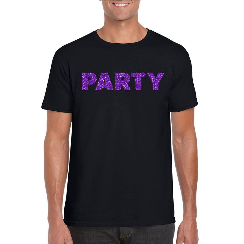 Foto van Toppers zwart party t-shirt met paarse glitters heren xl - feestshirts