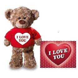 Foto van Valentijnskaart en knuffelbeer 24 cm met i love you rood shirt - knuffelberen