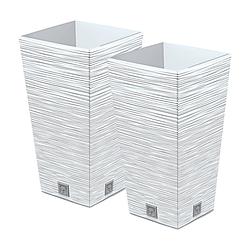 Foto van Prosperplast plantenpot/bloempot furu stripes - 2x - voor buiten - kunststof - wit - vierkant - d26 x h50 cm - plantenpo