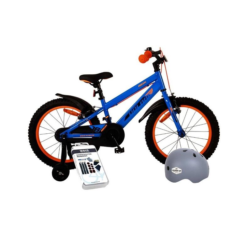 Foto van Volare kinderfiets rocky - 14 inch - blauw/rood - twee handremmen - met fietshelm en accessoires