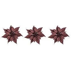 Foto van 3x stuks decoratie bloemen kerstster donkerrood glitter op clip 18 cm - kersthangers